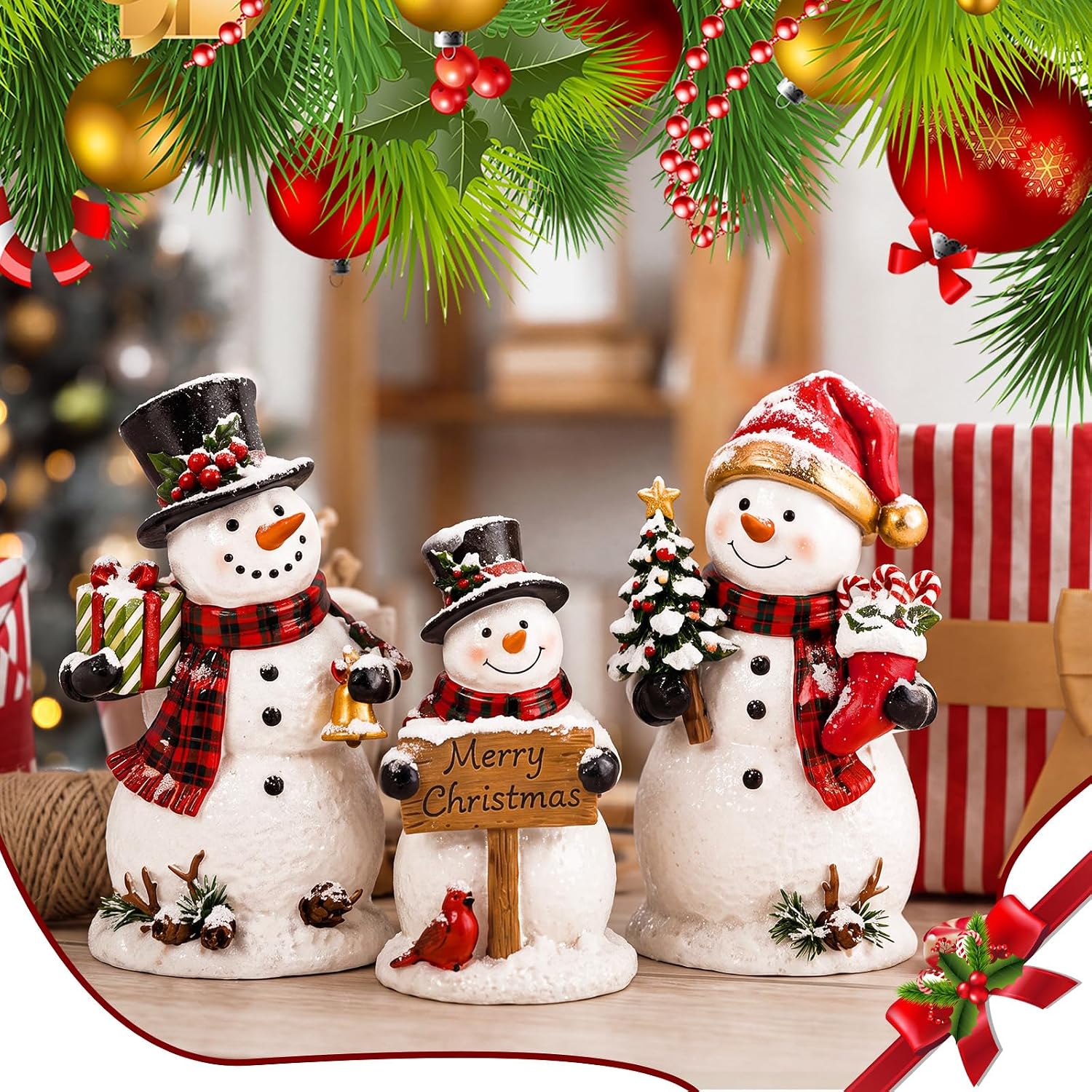 Aldernest 3 Pcs Christmas Snowman Figurines Resin Snowman Decorations for Home, 14.08 ounces, Red and Balck