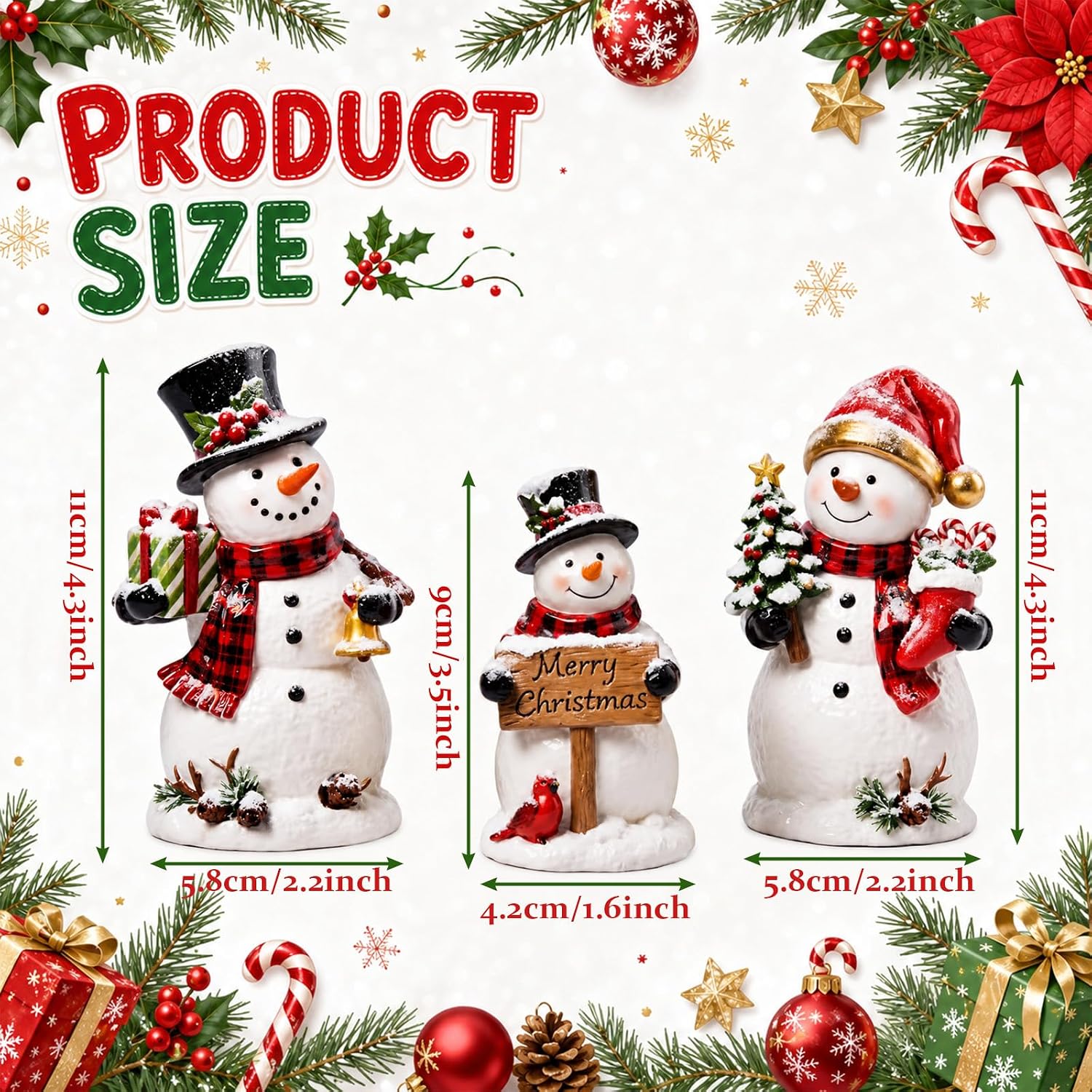 Aldernest 3 Pcs Christmas Snowman Figurines Resin Snowman Decorations for Home, 14.08 ounces, Red and Balck