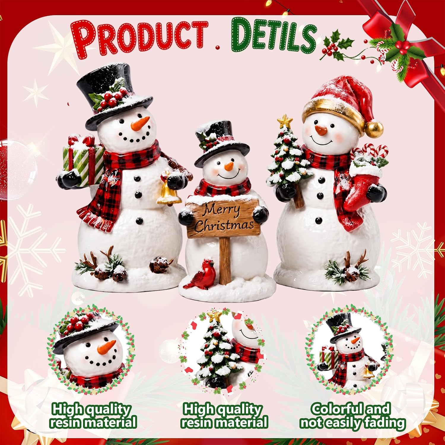 Aldernest 3 Pcs Christmas Snowman Figurines Resin Snowman Decorations for Home, 14.08 ounces, Red and Balck