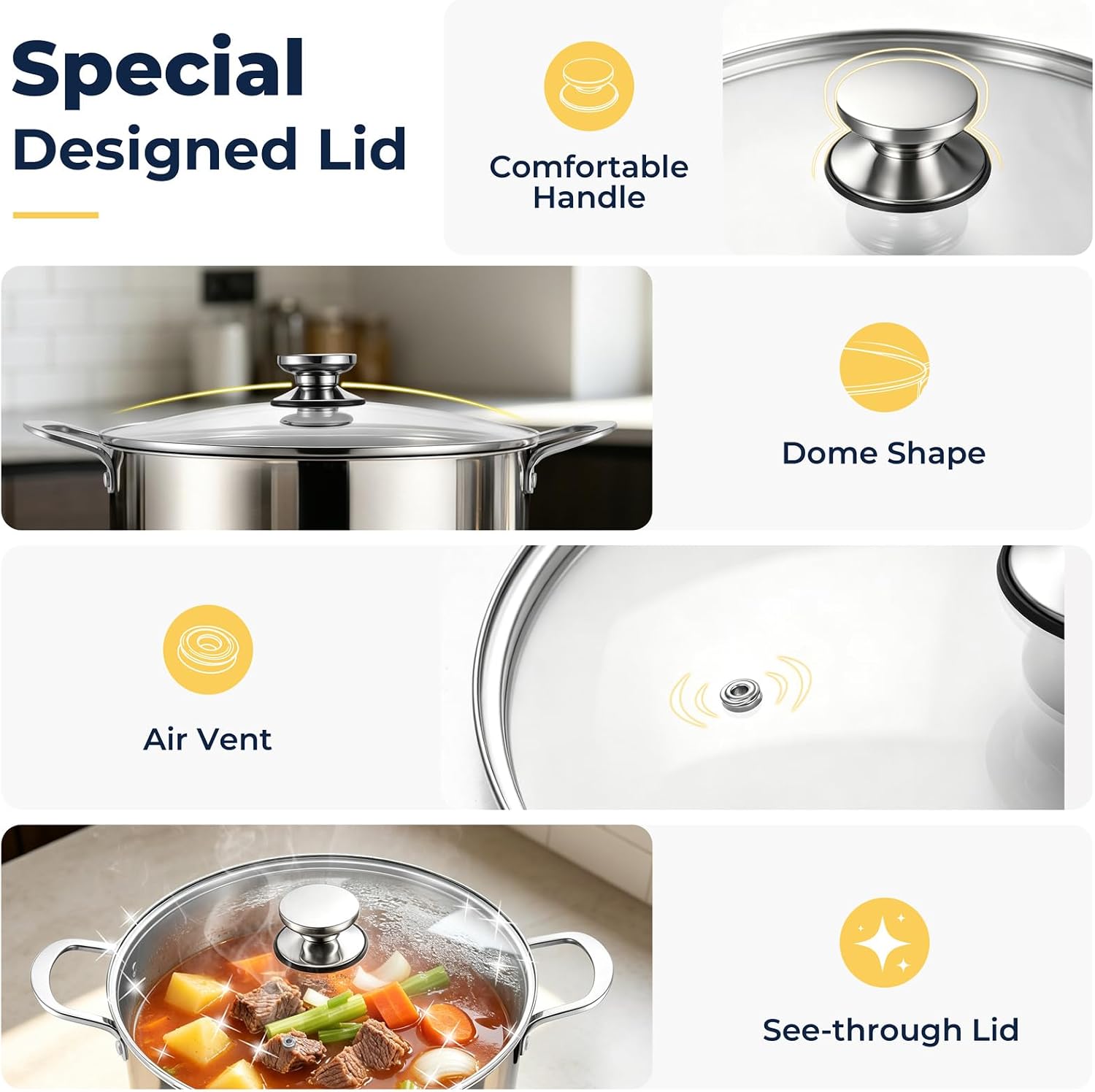 Barleyfield 8QT Stainless Steel Stock Pot with Lid, Induction Cooking Pot, Silver