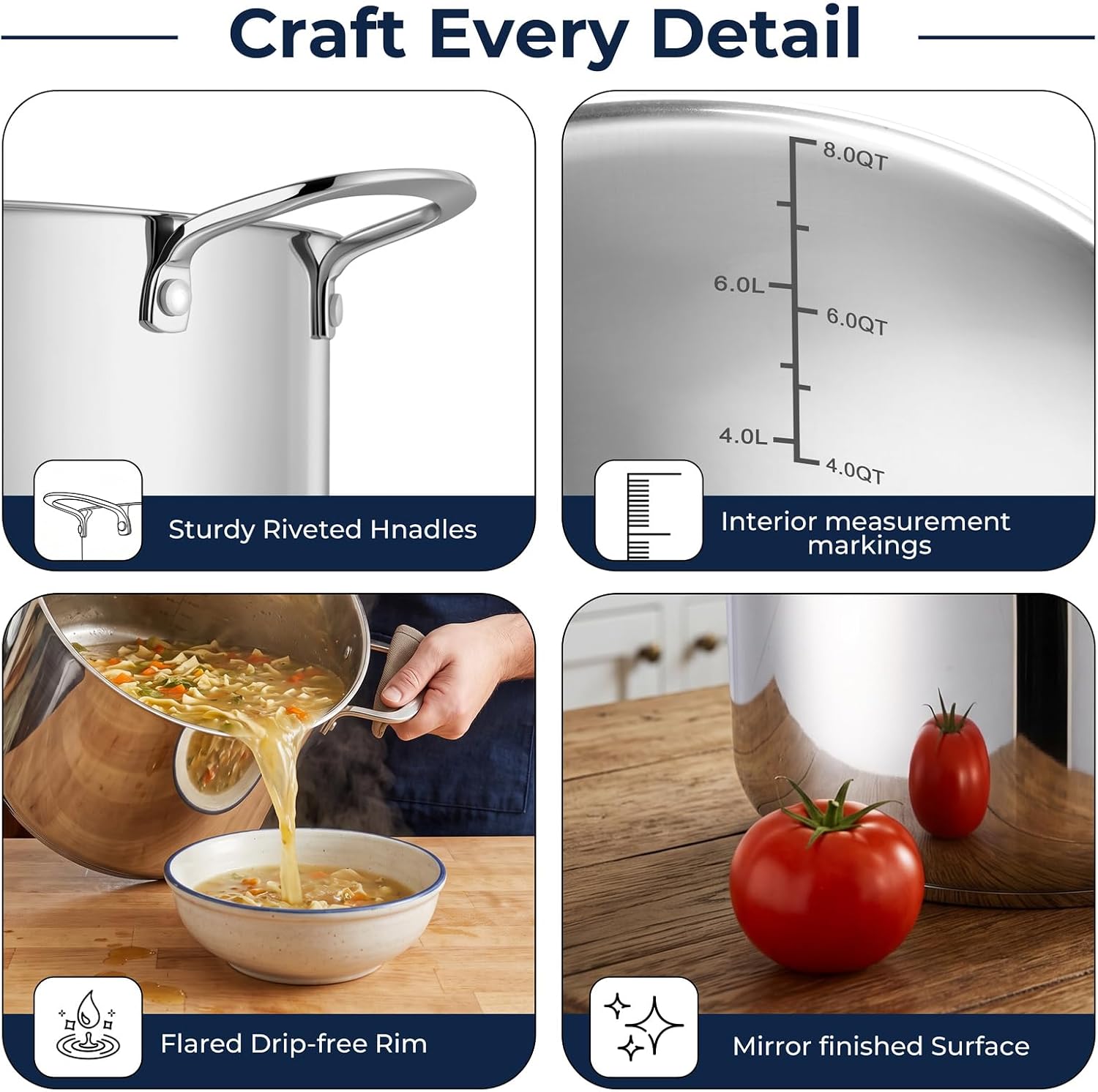 Barleyfield 8QT Stainless Steel Stock Pot with Lid, Induction Cooking Pot, Silver