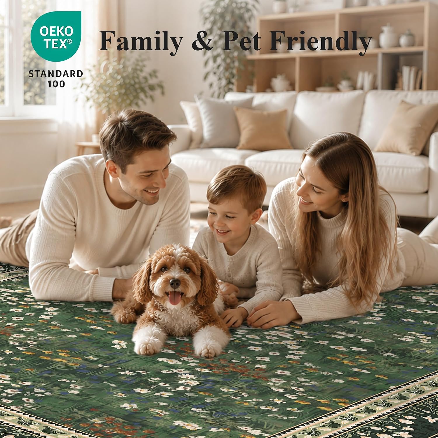 Aldernest 5x7 Floral Vintage Boho Area Rug, Dark Green, 35 Square Feet