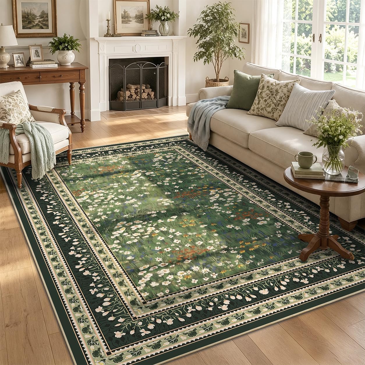 Aldernest 5x7 Floral Vintage Boho Area Rug, Dark Green, 35 Square Feet