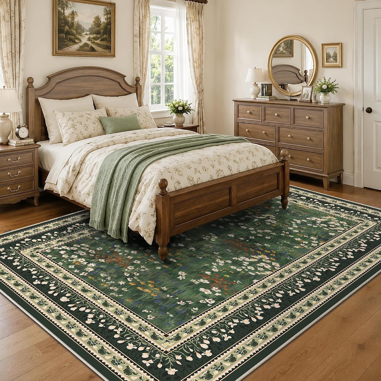 Aldernest 5x7 Floral Vintage Boho Area Rug, Dark Green, 35 Square Feet