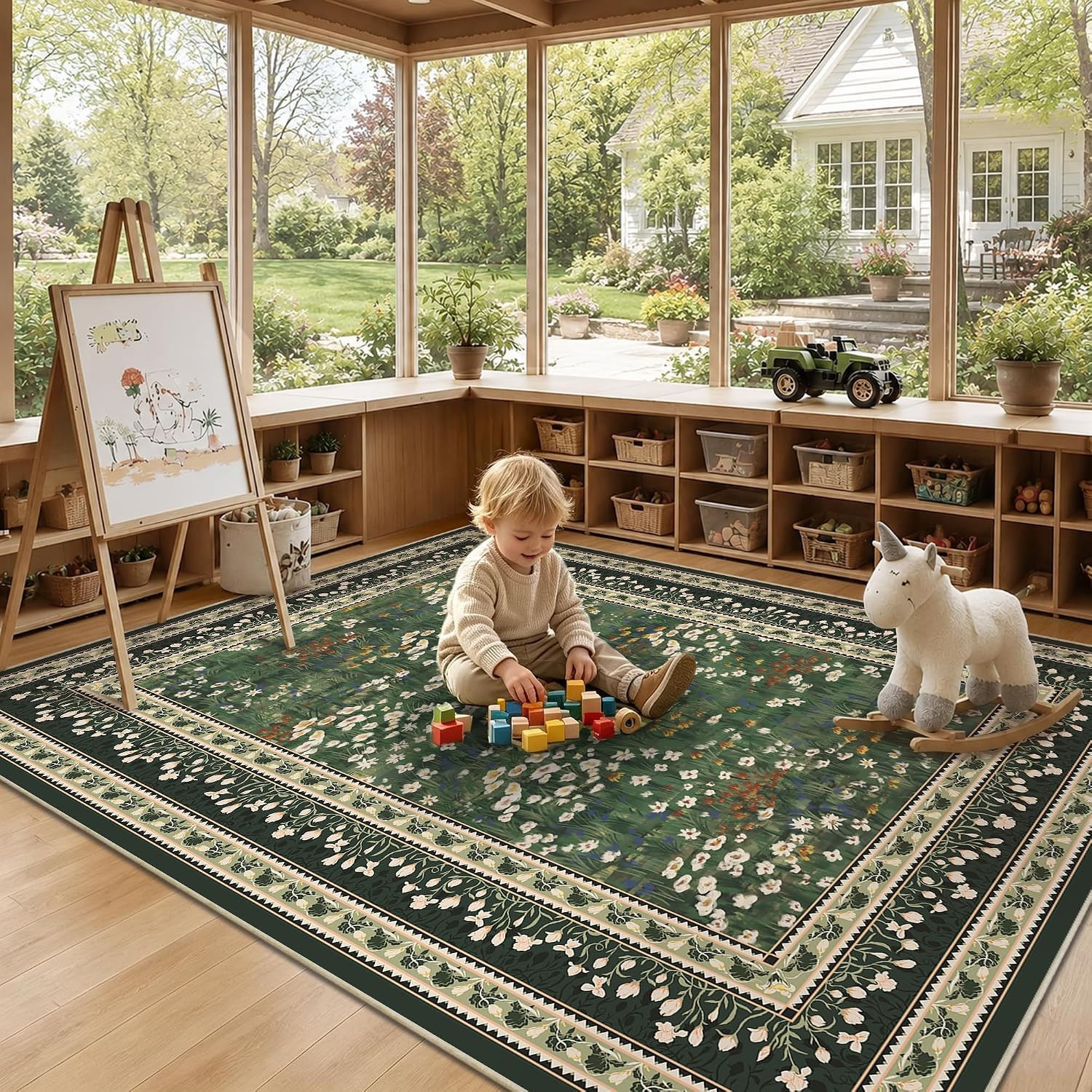 Aldernest 5x7 Floral Vintage Boho Area Rug, Dark Green, 35 Square Feet