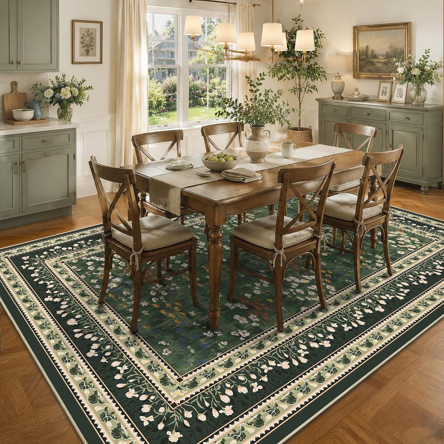 Aldernest 5x7 Floral Vintage Boho Area Rug, Dark Green, 35 Square Feet
