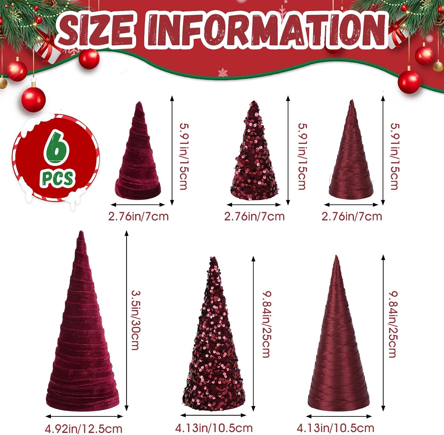 Birchmont 6 PCS 12" 10" 6" Burgundy Christmas Velvet Cone Tree Decorations Christmas Glitter Tree Farmhouse Tree Tiered Tray Ornament Burgundy
