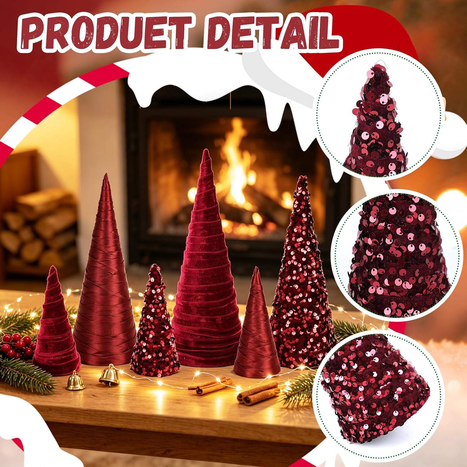 Birchmont 6 PCS 12" 10" 6" Burgundy Christmas Velvet Cone Tree Decorations Christmas Glitter Tree Farmhouse Tree Tiered Tray Ornament Burgundy