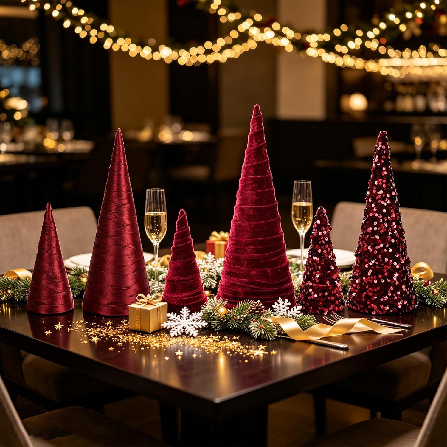 Birchmont 6 PCS 12" 10" 6" Burgundy Christmas Velvet Cone Tree Decorations Christmas Glitter Tree Farmhouse Tree Tiered Tray Ornament Burgundy