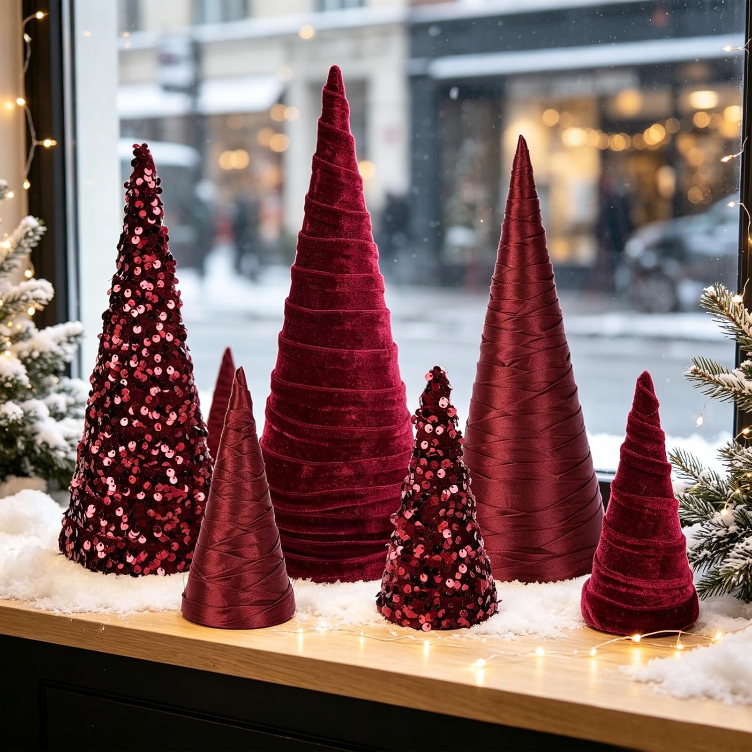 Birchmont 6 PCS 12" 10" 6" Burgundy Christmas Velvet Cone Tree Decorations Christmas Glitter Tree Farmhouse Tree Tiered Tray Ornament Burgundy