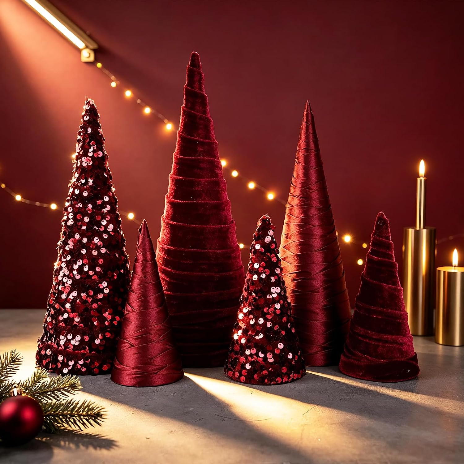 Birchmont 6 PCS 12" 10" 6" Burgundy Christmas Velvet Cone Tree Decorations Christmas Glitter Tree Farmhouse Tree Tiered Tray Ornament Burgundy