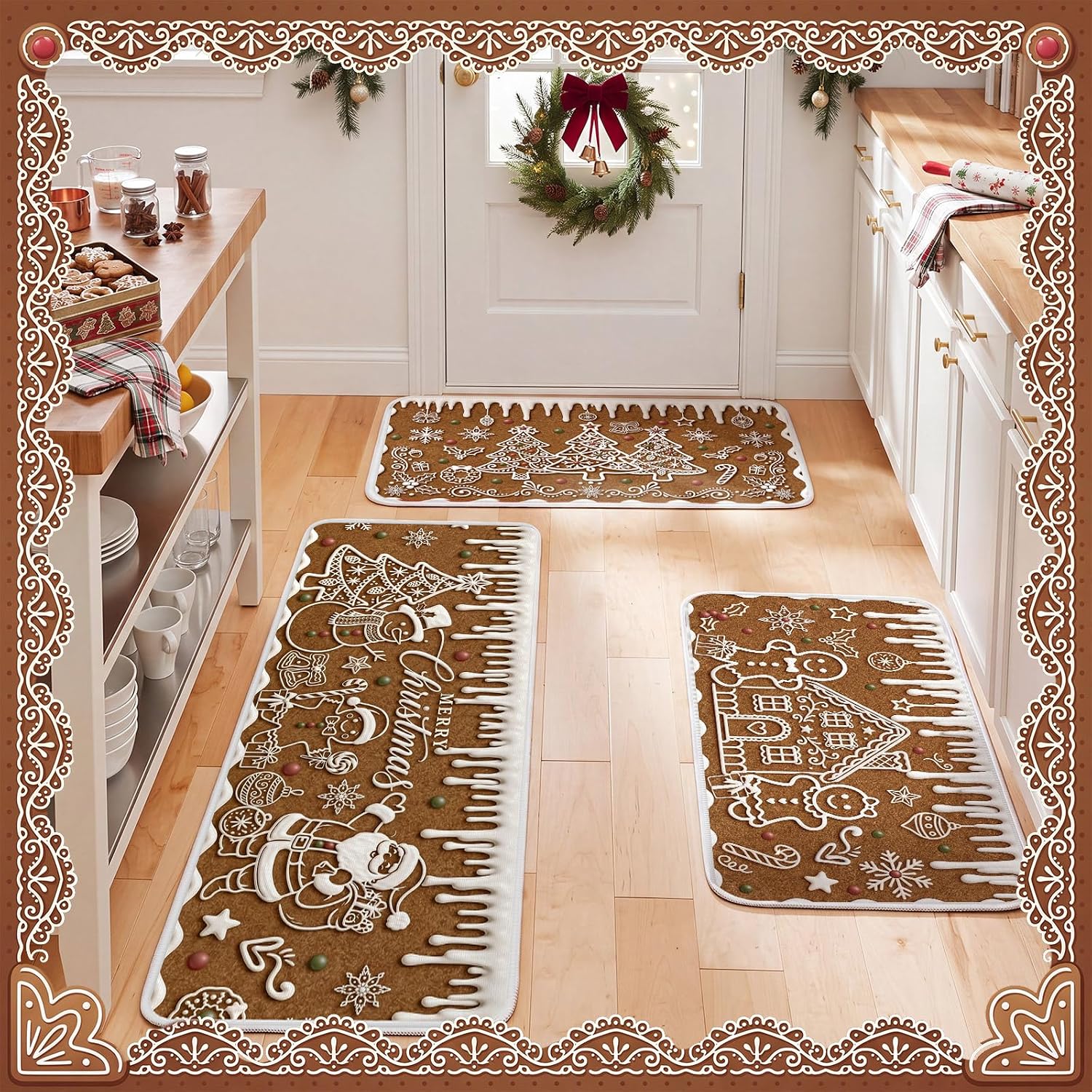Aldernest 3 Pcs Christmas Kitchen Rugs and Mats Set, Non Slip Floor Mats, 3.3 pounds, 17 x 29 inches, 17 x 47 inches, Brown, Icing White