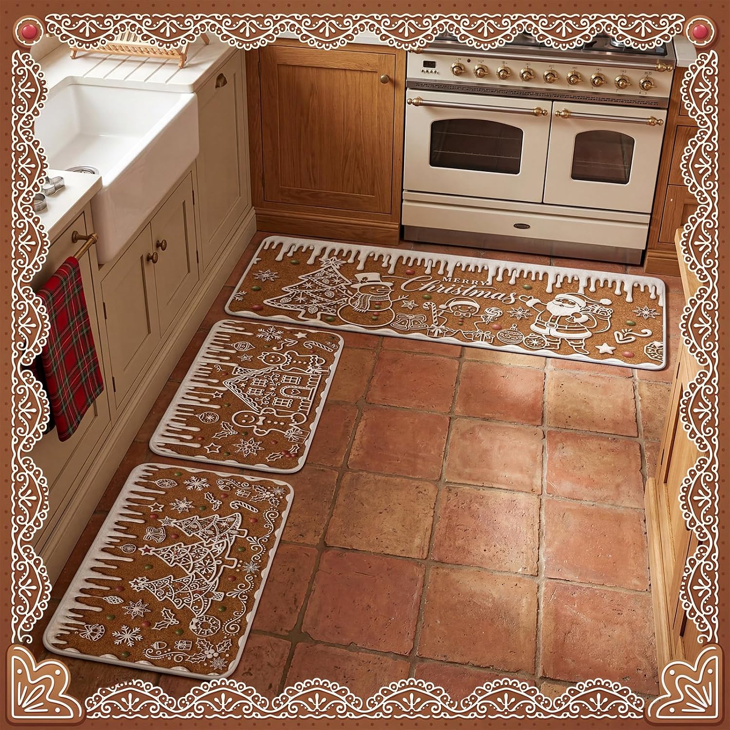 Aldernest 3 Pcs Christmas Kitchen Rugs and Mats Set, Non Slip Floor Mats, 3.3 pounds, 17 x 29 inches, 17 x 47 inches, Brown, Icing White