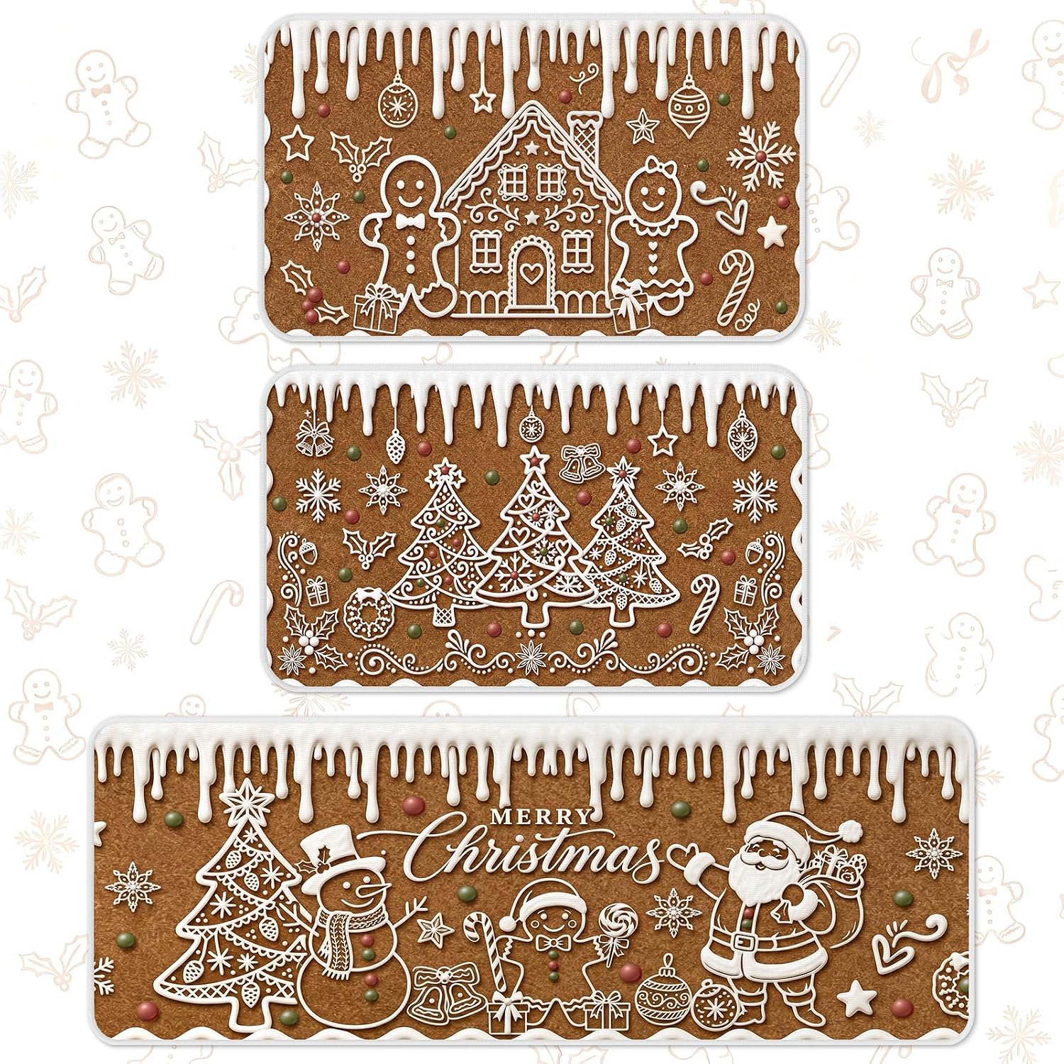 Aldernest 3 Pcs Christmas Kitchen Rugs and Mats Set, Non Slip Floor Mats, 3.3 pounds, 17 x 29 inches, 17 x 47 inches, Brown, Icing White