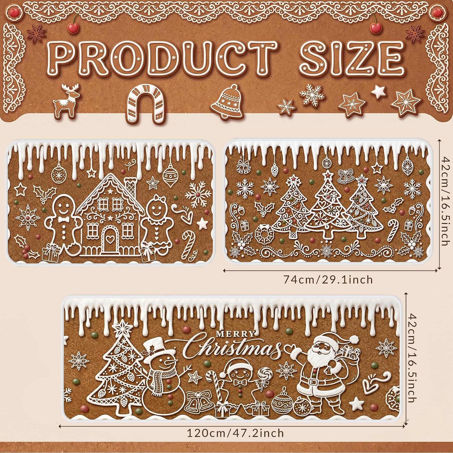 Aldernest 3 Pcs Christmas Kitchen Rugs and Mats Set, Non Slip Floor Mats, 3.3 pounds, 17 x 29 inches, 17 x 47 inches, Brown, Icing White