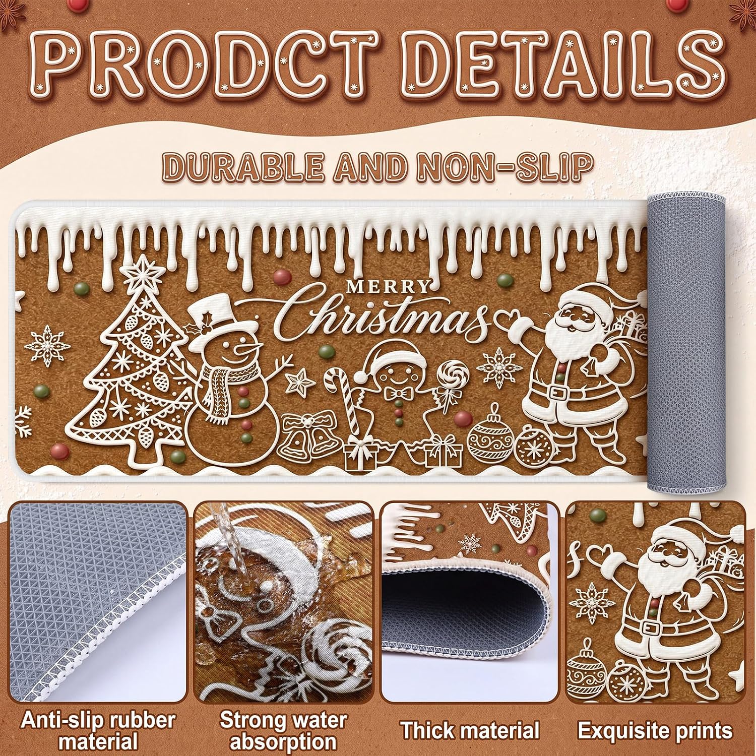 Aldernest 3 Pcs Christmas Kitchen Rugs and Mats Set, Non Slip Floor Mats, 3.3 pounds, 17 x 29 inches, 17 x 47 inches, Brown, Icing White