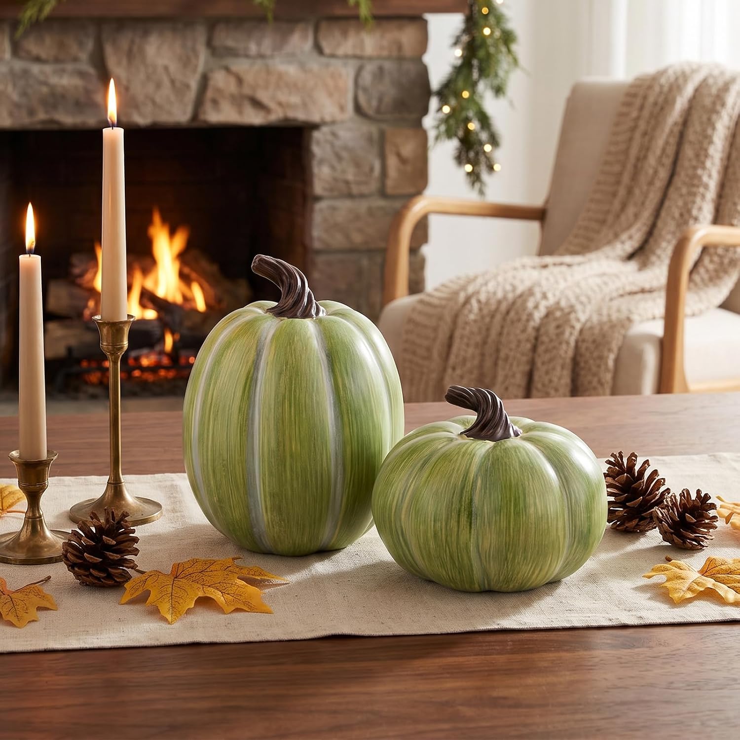 Aldernest 2 Pcs Artificial Green Resin Pumpkin Decor Autumn Figurine