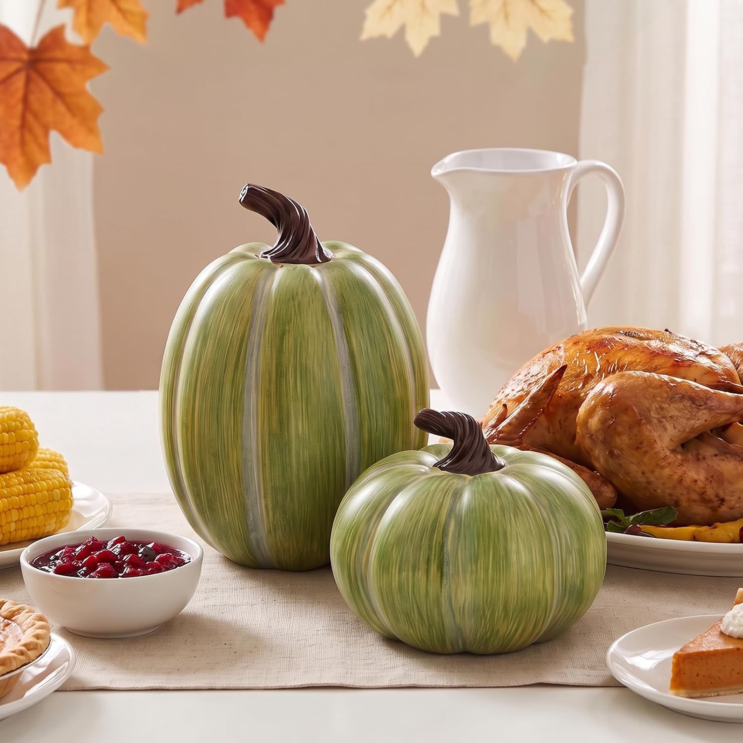 Aldernest 2 Pcs Artificial Green Resin Pumpkin Decor Autumn Figurine