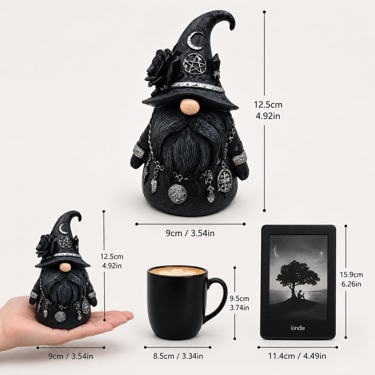 Quillstone Gothic Witch Gnome Figurine Decor, Resin Witch Statue with Black Rose, Dwarf Statue