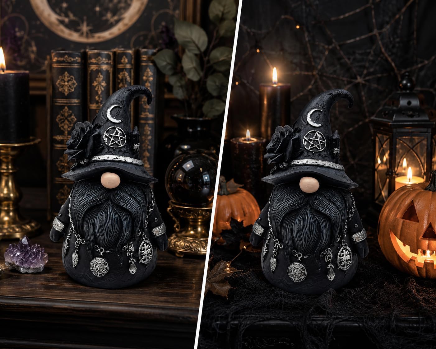 Quillstone Gothic Witch Gnome Figurine Decor, Resin Witch Statue with Black Rose, Dwarf Statue