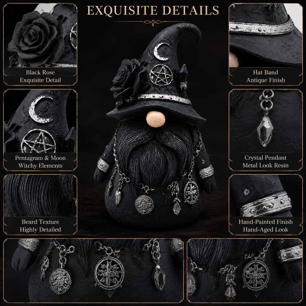 Quillstone Gothic Witch Gnome Figurine Decor, Resin Witch Statue with Black Rose, Dwarf Statue