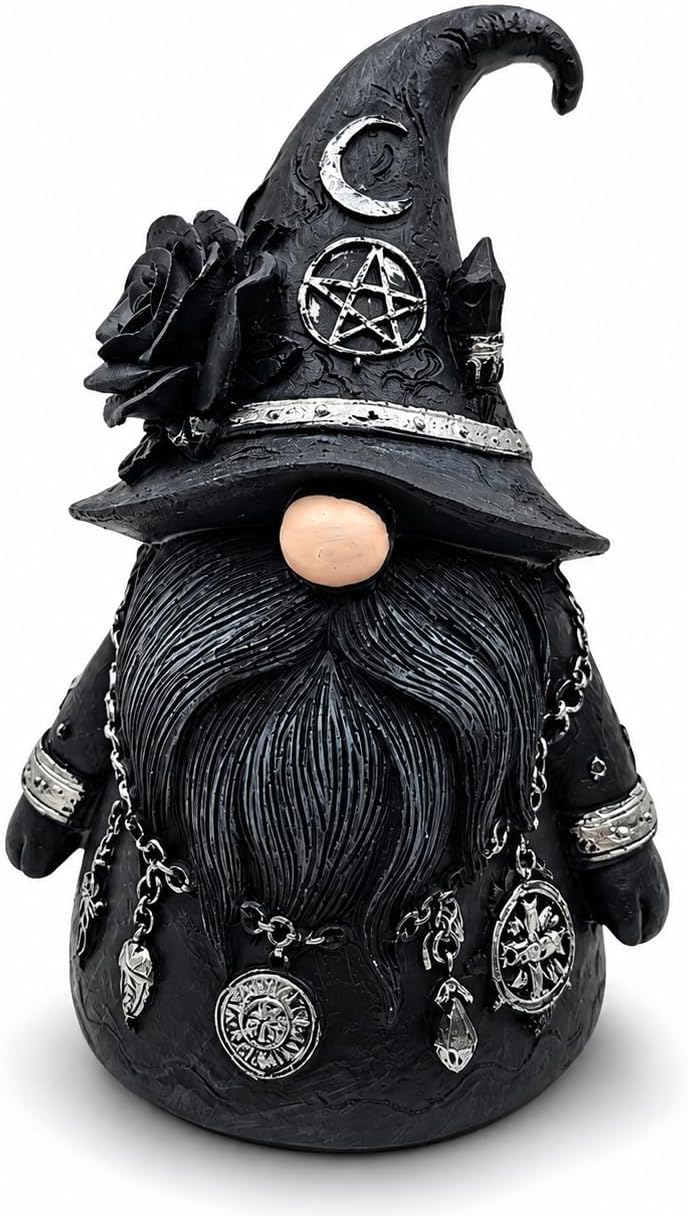 Quillstone Gothic Witch Gnome Figurine Decor, Resin Witch Statue with Black Rose, Dwarf Statue