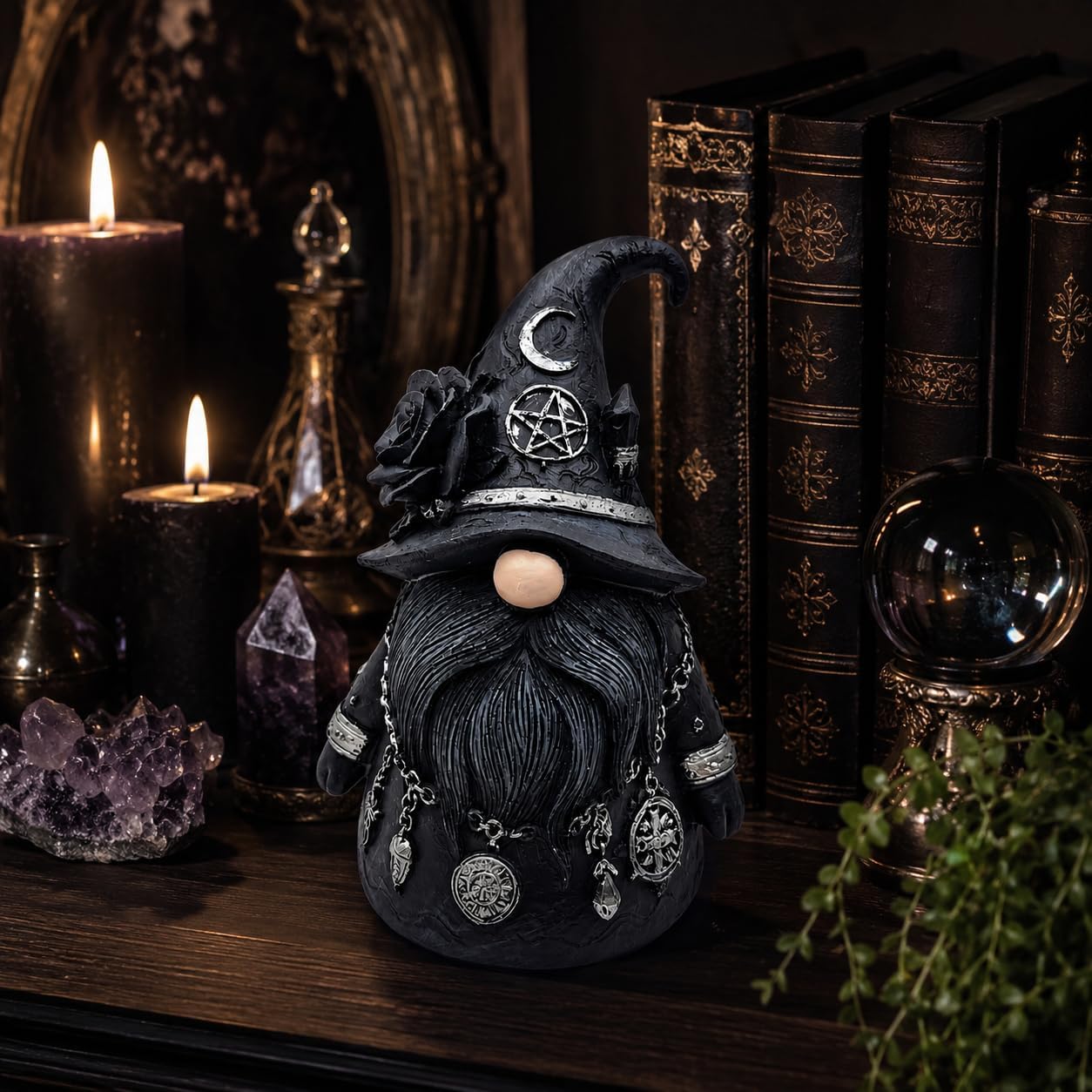 Quillstone Gothic Witch Gnome Figurine Decor, Resin Witch Statue with Black Rose, Dwarf Statue