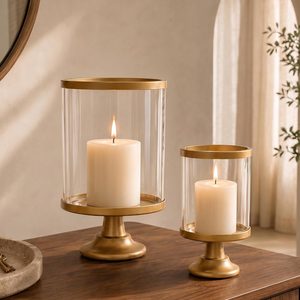 Aldernest Gold Hurricane Candle Holder Set of 2 with Glass Cylinder for Pillar Candle, 16 ounces