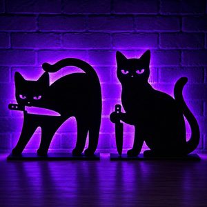 Aldernest Black Cat Halloween Decorations 2PCS Wooden Sign with Lights for Home Decor