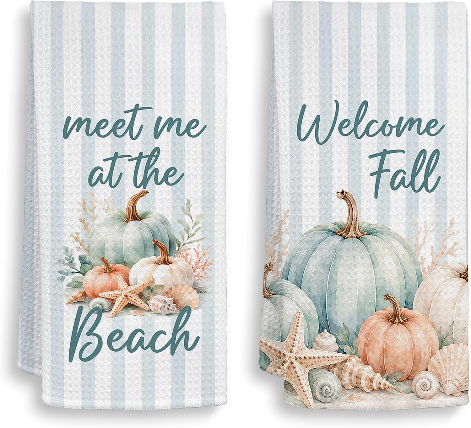 Aldernest Coastal Fall Pumpkin Kitchen Dish Towels Decorative 16x24 Set of 2, Beach Pumpkin