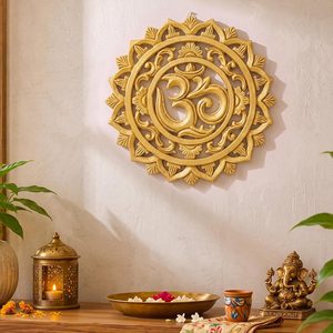 Aldernest Wooden Om Wall Decor Hanging Art Golden Om Round Decoration, 12.2"L x 12.2"W