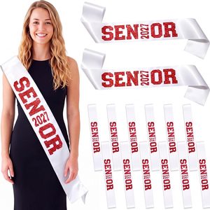 Ashenby 12 Pcs Senior 2027 Satin Sash Bulk with Red Glitter Letter for Decoration