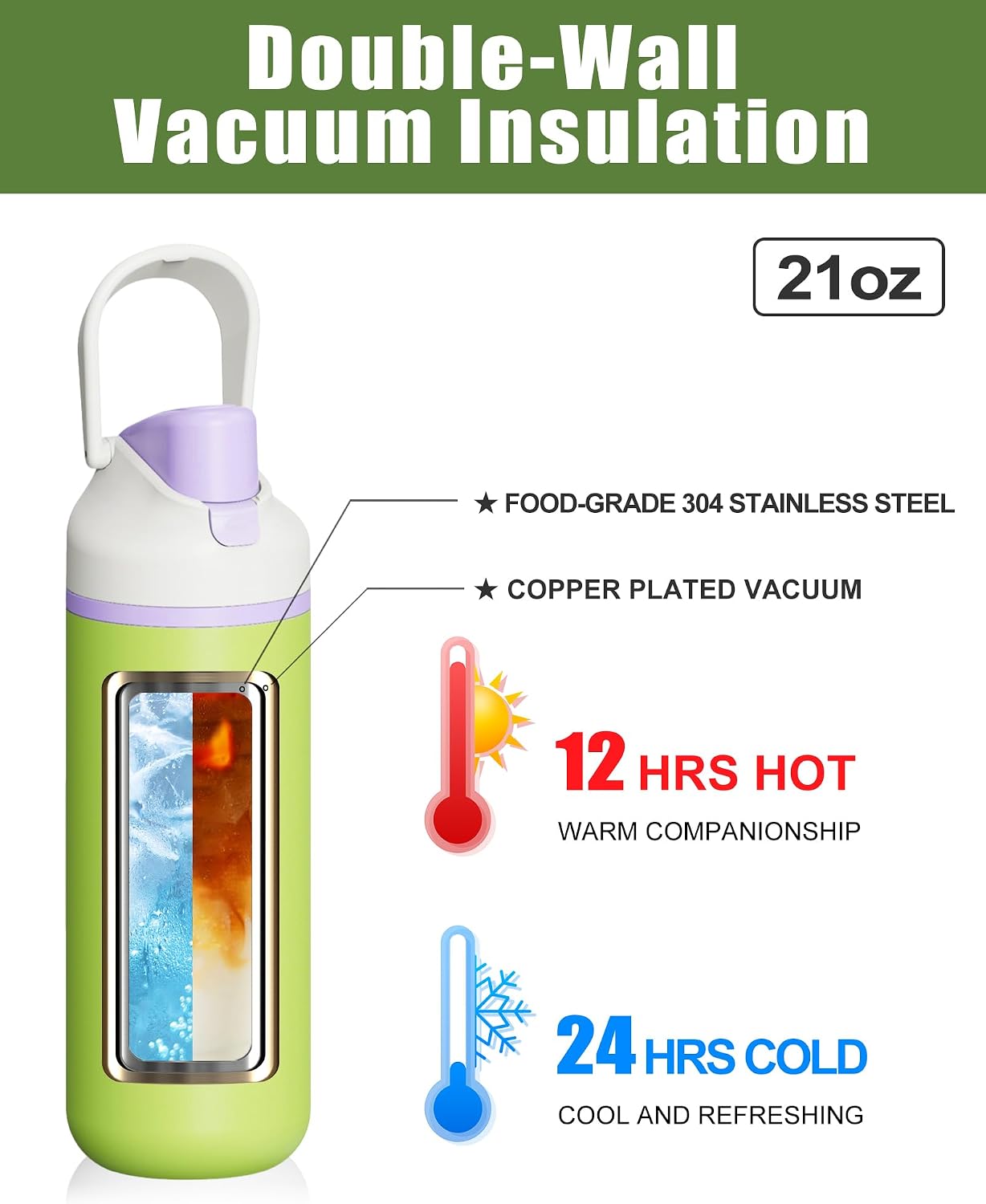 Aldernest Bottle, Leakproof Insulated Bottle, Keep Cold 24h, BPA-Free, 21oz, Green