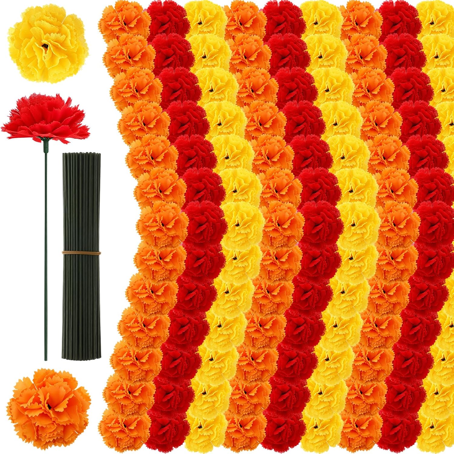 Ashenby 180 Pcs Day of The Dead Marigold Flower, 2in, Orange Yellow Red, 1.2 pounds