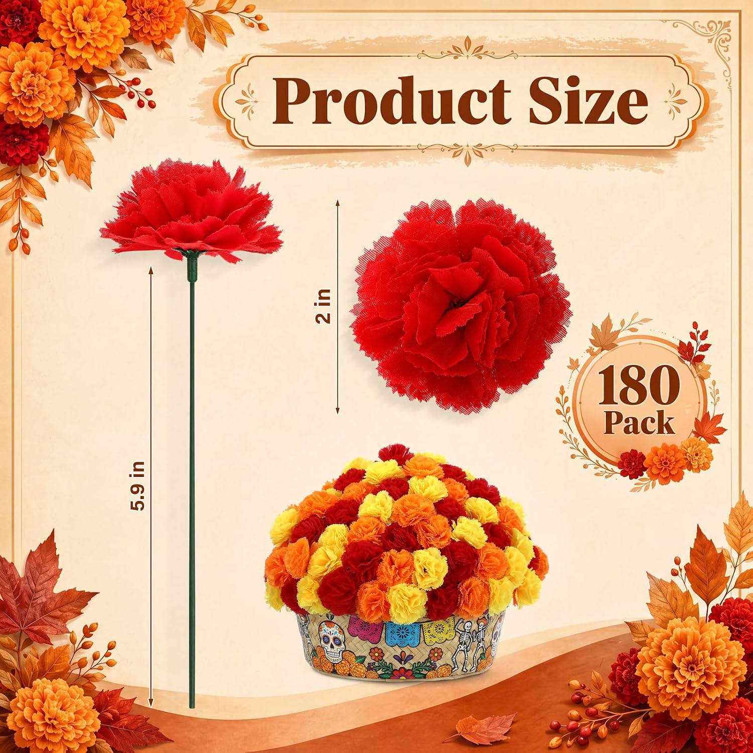 Ashenby 180 Pcs Day of The Dead Marigold Flower, 2in, Orange Yellow Red, 1.2 pounds