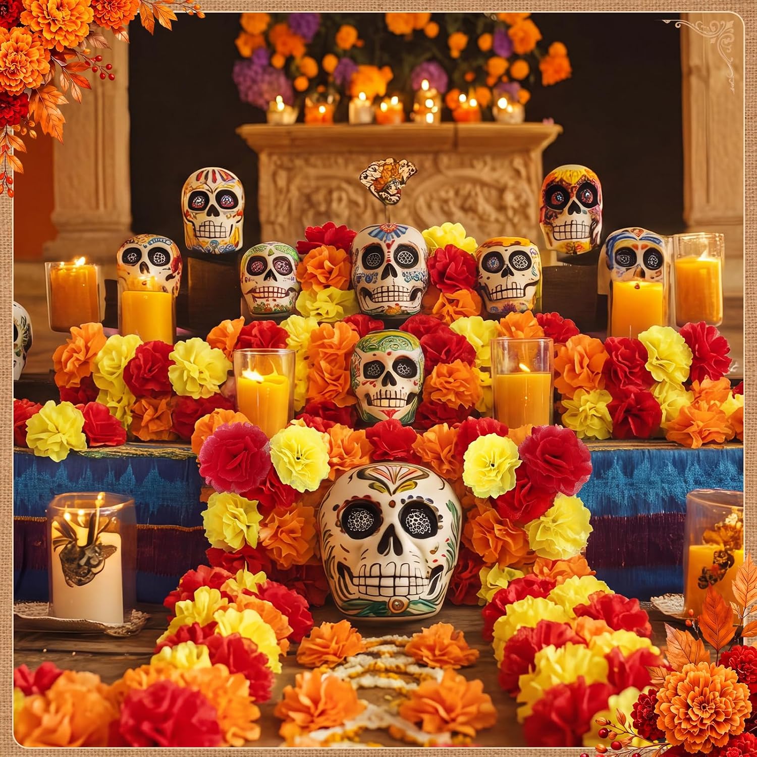 Ashenby 180 Pcs Day of The Dead Marigold Flower, 2in, Orange Yellow Red, 1.2 pounds