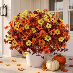Aldernest 12PCS Artificial Fall Flowers Fake Mums Plants Outdoor Outside Decoration, 2.4 ounces, Orange, yellow, brown