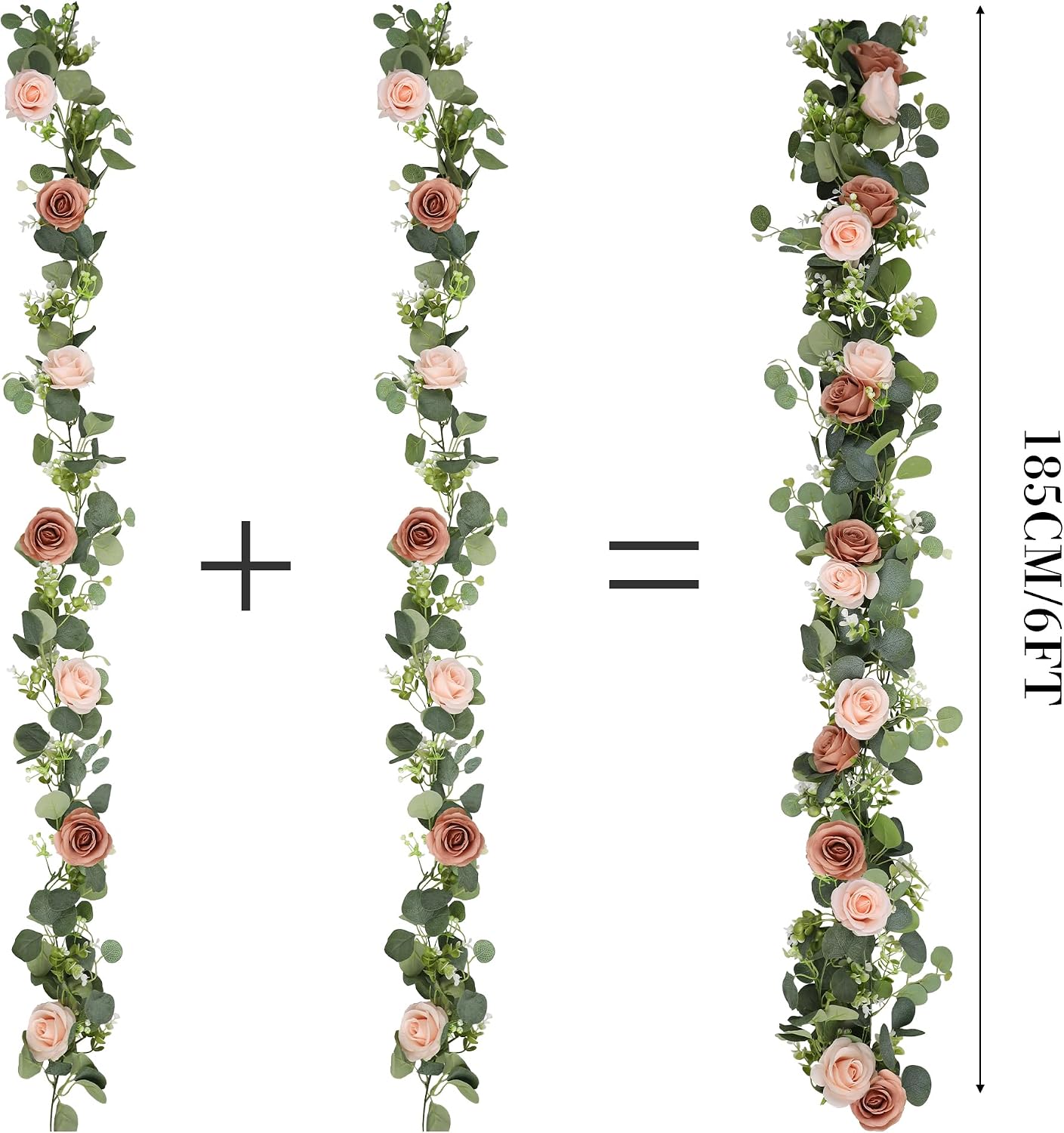 Aldernest 2Pcs 6FT Artificial Flowers Eucalyptus Garlands Fake Silk Roses Hanging Floral Vines for Home Room Party Wedding Table Runner Garden Wall