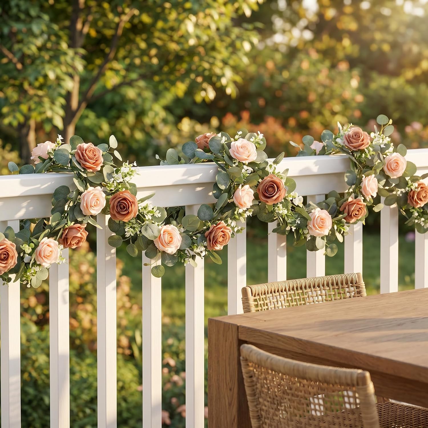 Aldernest 2Pcs 6FT Artificial Flowers Eucalyptus Garlands Fake Silk Roses Hanging Floral Vines for Home Room Party Wedding Table Runner Garden Wall