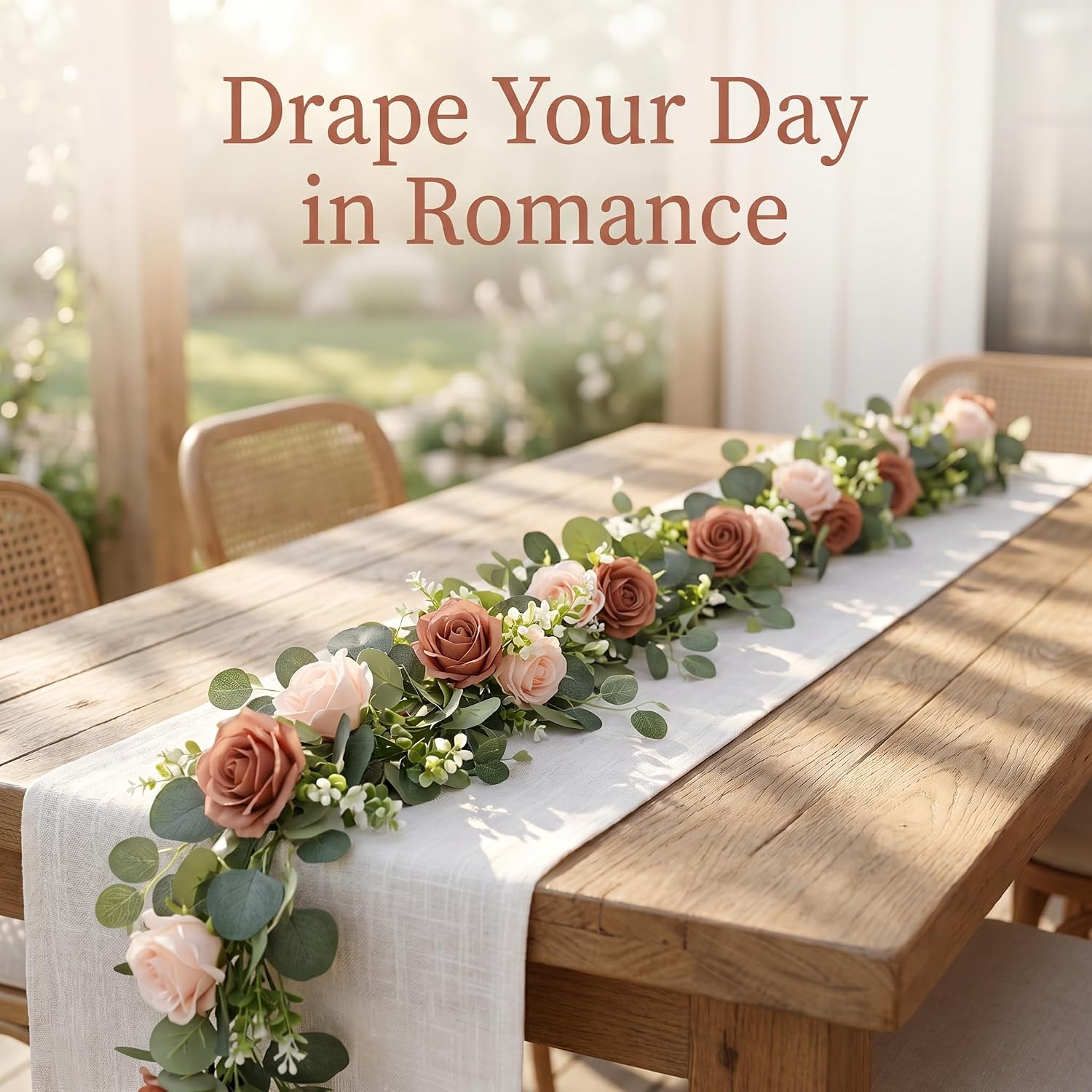Aldernest 2Pcs 6FT Artificial Flowers Eucalyptus Garlands Fake Silk Roses Hanging Floral Vines for Home Room Party Wedding Table Runner Garden Wall