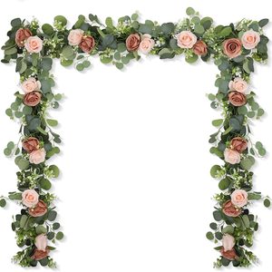 Aldernest 2Pcs 6FT Artificial Flowers Eucalyptus Garlands Fake Silk Roses Hanging Floral Vines for Home Room Party Wedding Table Runner Garden Wall