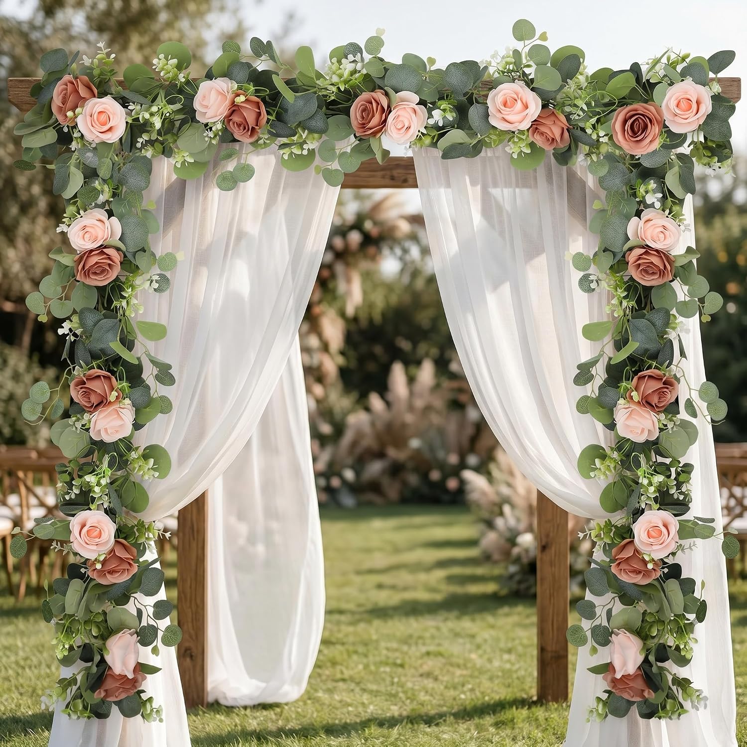 Aldernest 2Pcs 6FT Artificial Flowers Eucalyptus Garlands Fake Silk Roses Hanging Floral Vines for Home Room Party Wedding Table Runner Garden Wall