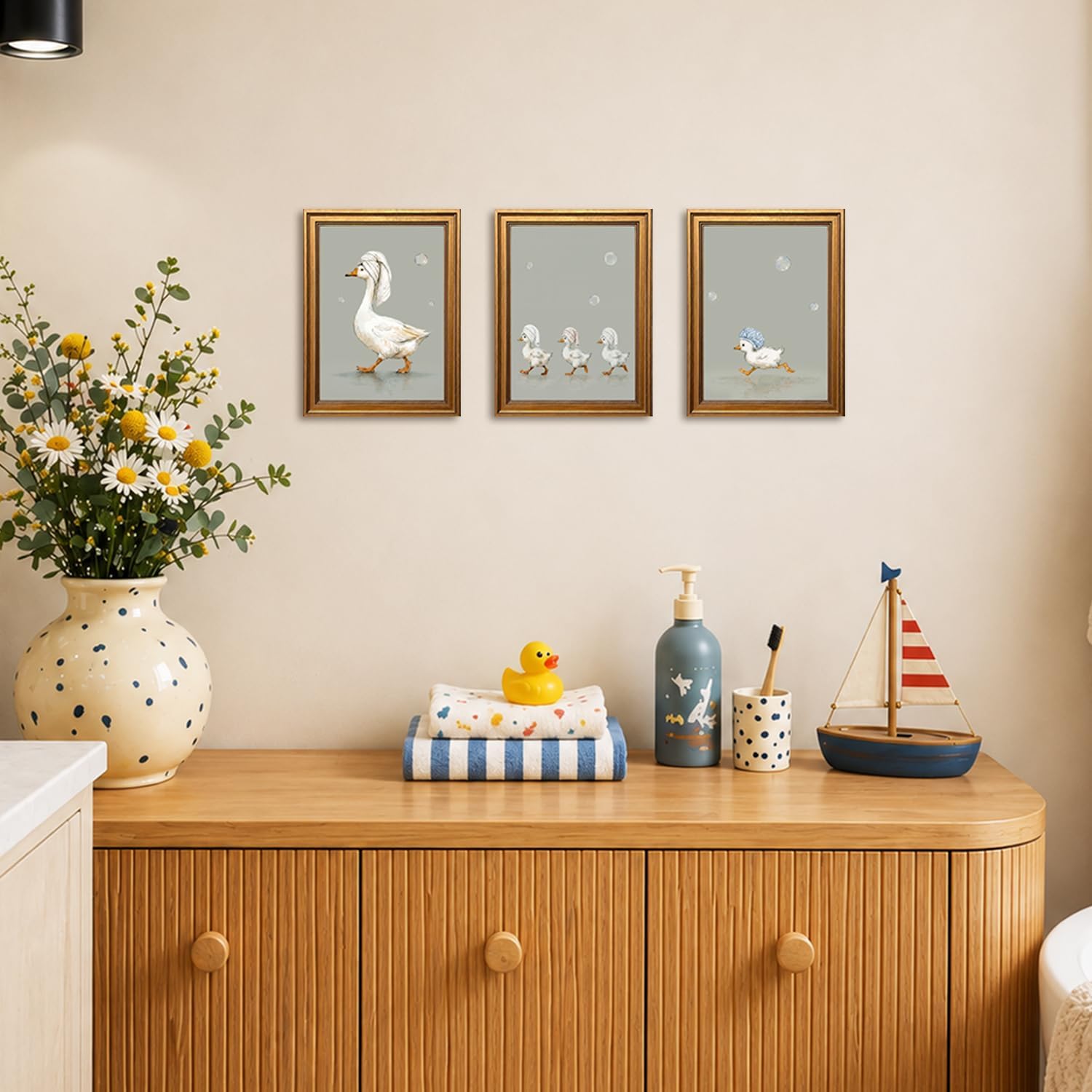 Aldernest Vintage Gold Framed Bathroom Funny Goose Wall Art Set of 3, 1.8 pounds, 10"L x 8"W, Funny White Goose