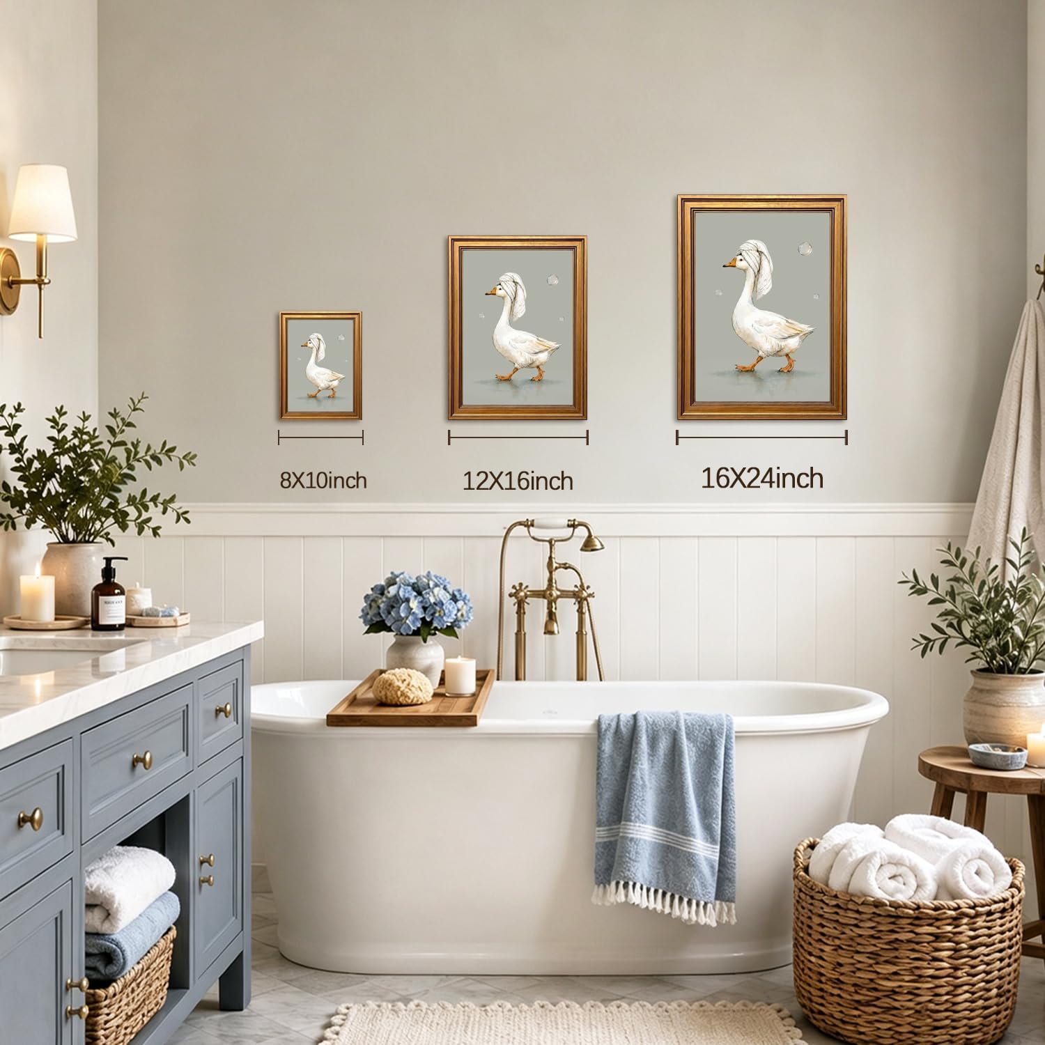 Aldernest Vintage Gold Framed Bathroom Funny Goose Wall Art Set of 3, 1.8 pounds, 10"L x 8"W, Funny White Goose