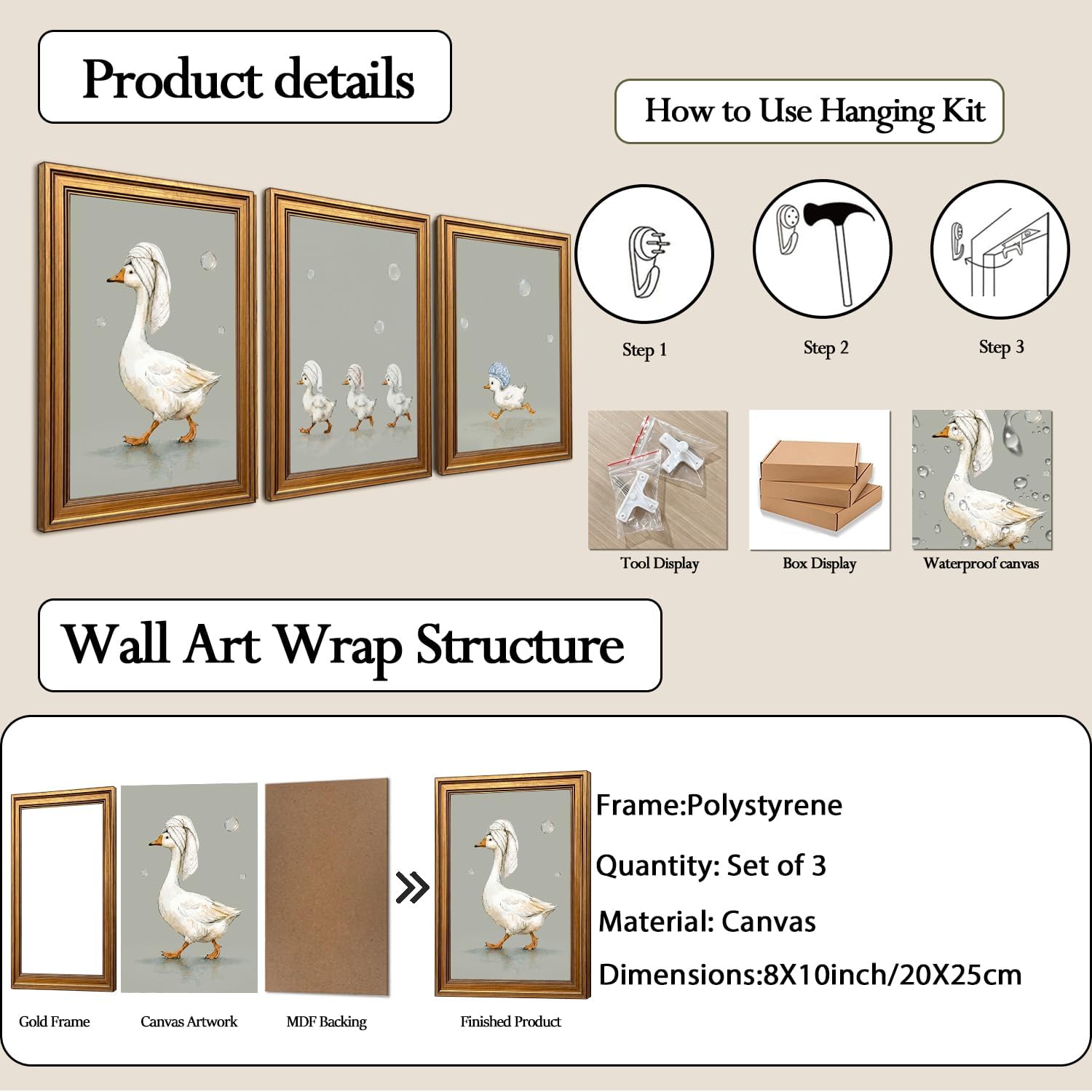 Aldernest Vintage Gold Framed Bathroom Funny Goose Wall Art Set of 3, 1.8 pounds, 10"L x 8"W, Funny White Goose