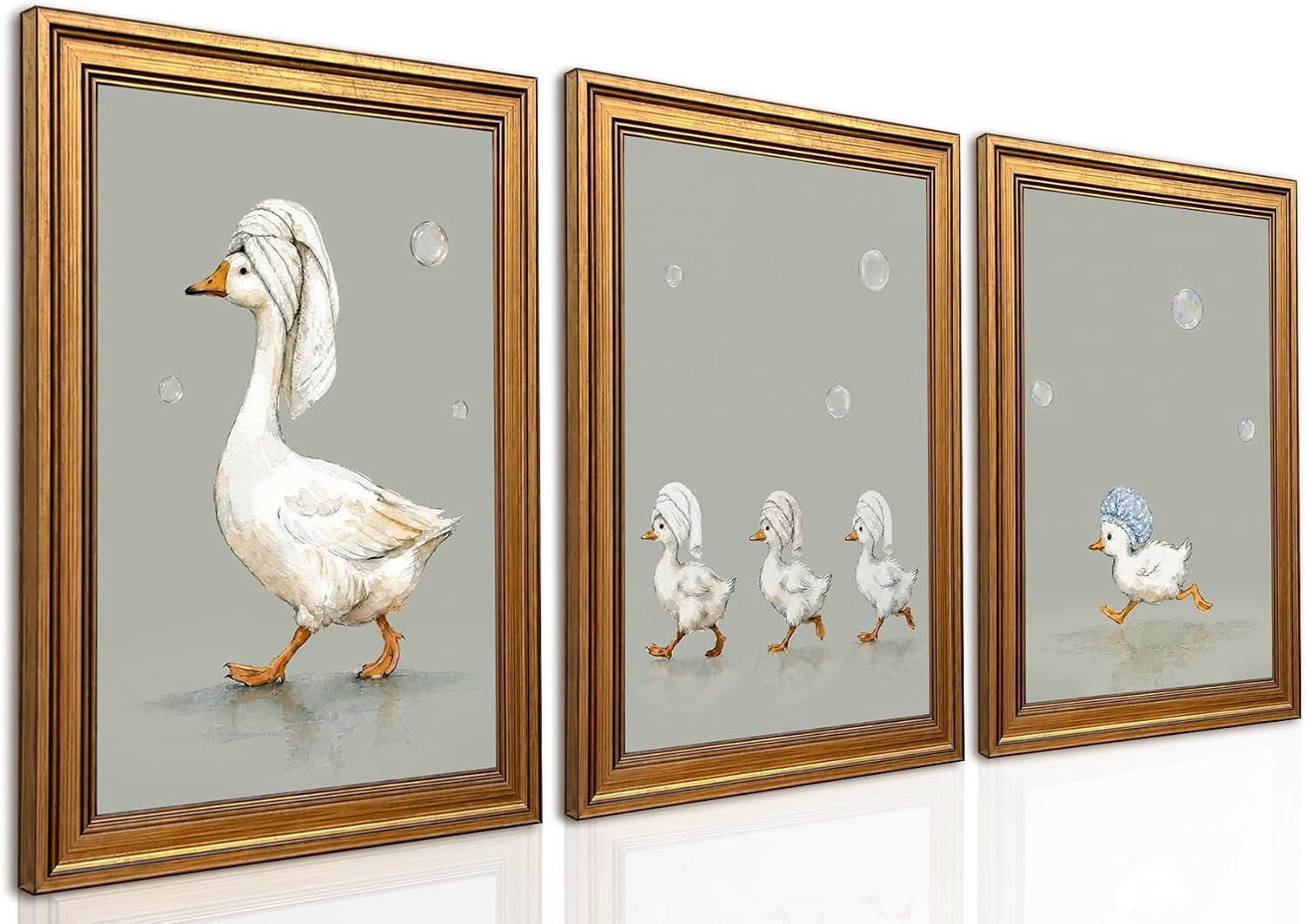 Aldernest Vintage Gold Framed Bathroom Funny Goose Wall Art Set of 3, 1.8 pounds, 10"L x 8"W, Funny White Goose