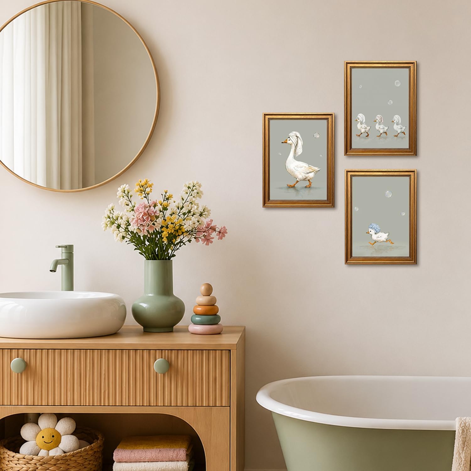 Aldernest Vintage Gold Framed Bathroom Funny Goose Wall Art Set of 3, 1.8 pounds, 10"L x 8"W, Funny White Goose