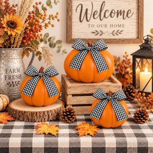 Aldernest 3 Pack Fall Pumpkin Decor, Resin Pumpkins with Buffalo Plaid Bow, Large resin pumpkin: about 4.5 x 4 inches, Orange