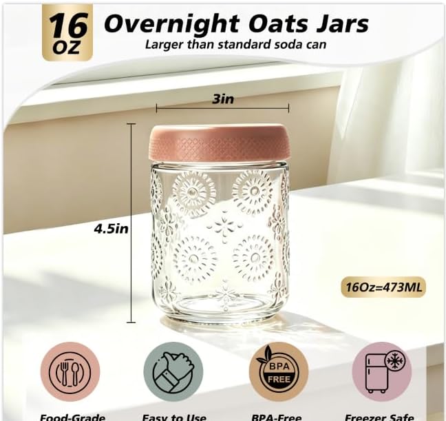 Birchmont 6 PCS 16 oz Overnight Oats Containers with Lids, Glass jars with Airtight Lids