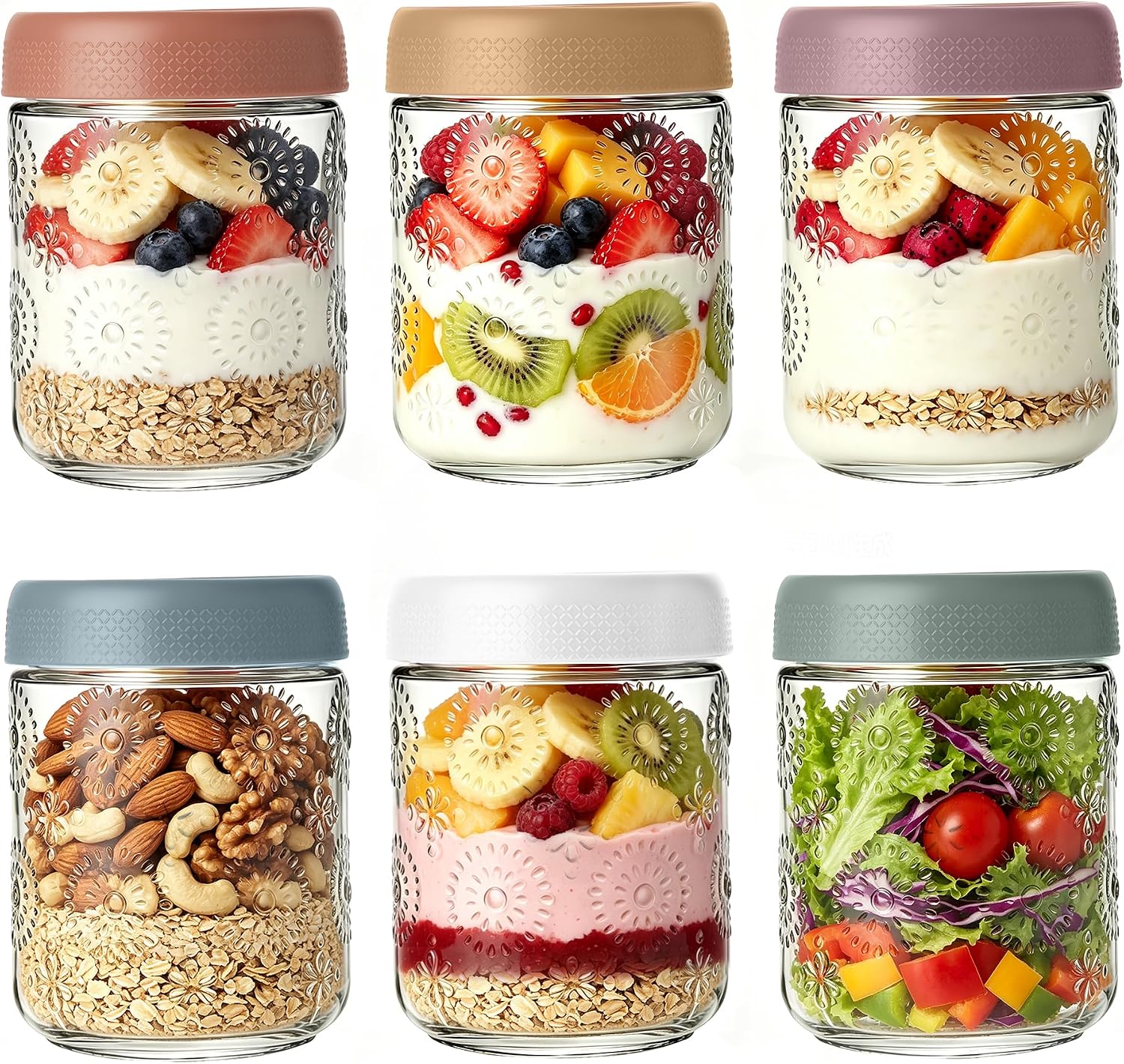 Birchmont 6 PCS 16 oz Overnight Oats Containers with Lids, Glass jars with Airtight Lids